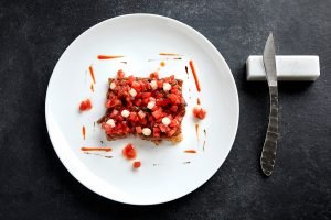 "bruschetta di wagyu giapponese" ristorante Damini e Affini, chef Giorgio Damini 1 michelin star